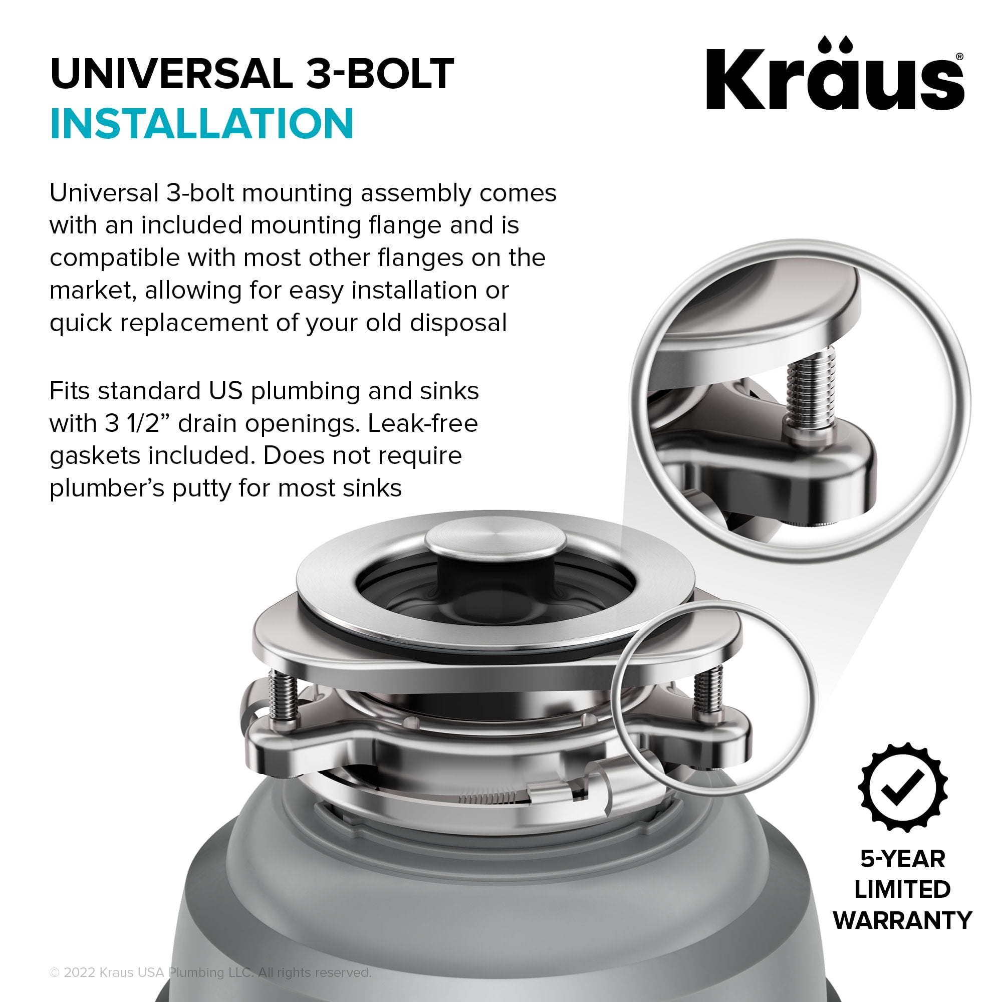 Kraus KWD210-75MGR 3/4 Hp Continuous Feed Garbage Disposal - Grey