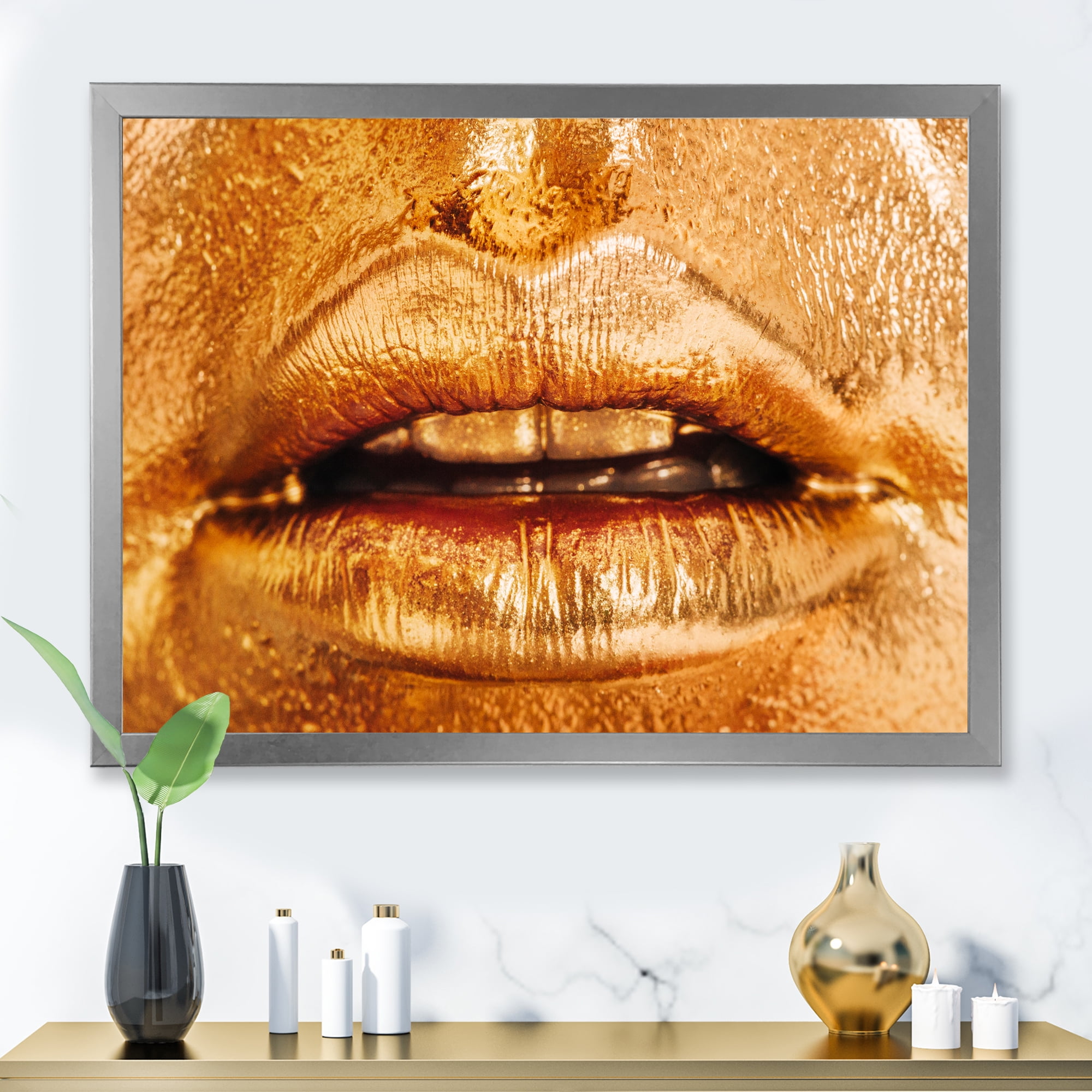 Designart 'Close Up Of Female Lips With Bright Golden Makeup' Modern Framed Art Print