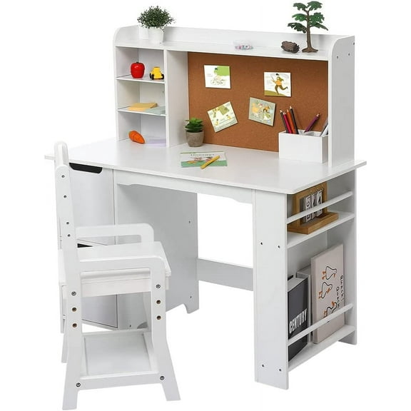 Twister.CK Kids Study Desk and Chair Set for Boys and Girl, Wooden Kid Writing Table with Bookshelf, Pen Holder, and Cabinets for Ages 3-8, White