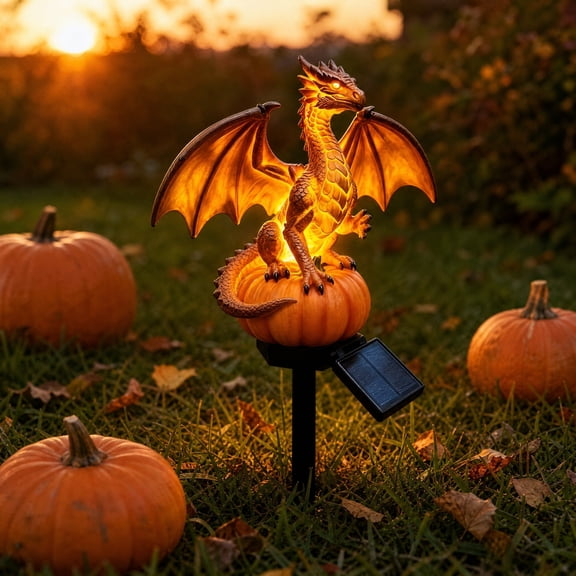 Clearance! Solar Halloween Dragon on Pumpkin Garden Stake Light, Waterproof LED Outdoor Yard Decor, Auto On/Off for Patio Lawn
