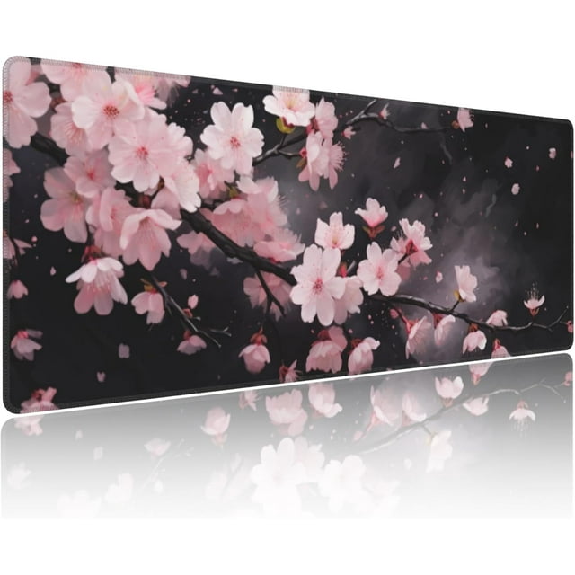 Blooming Cherry Floral Gaming Mouse Pad 31.5x11.8in Non-Slip Rubber Base Extended with Stitched Edges Keyboard & Computer Mat for Gamer & Office