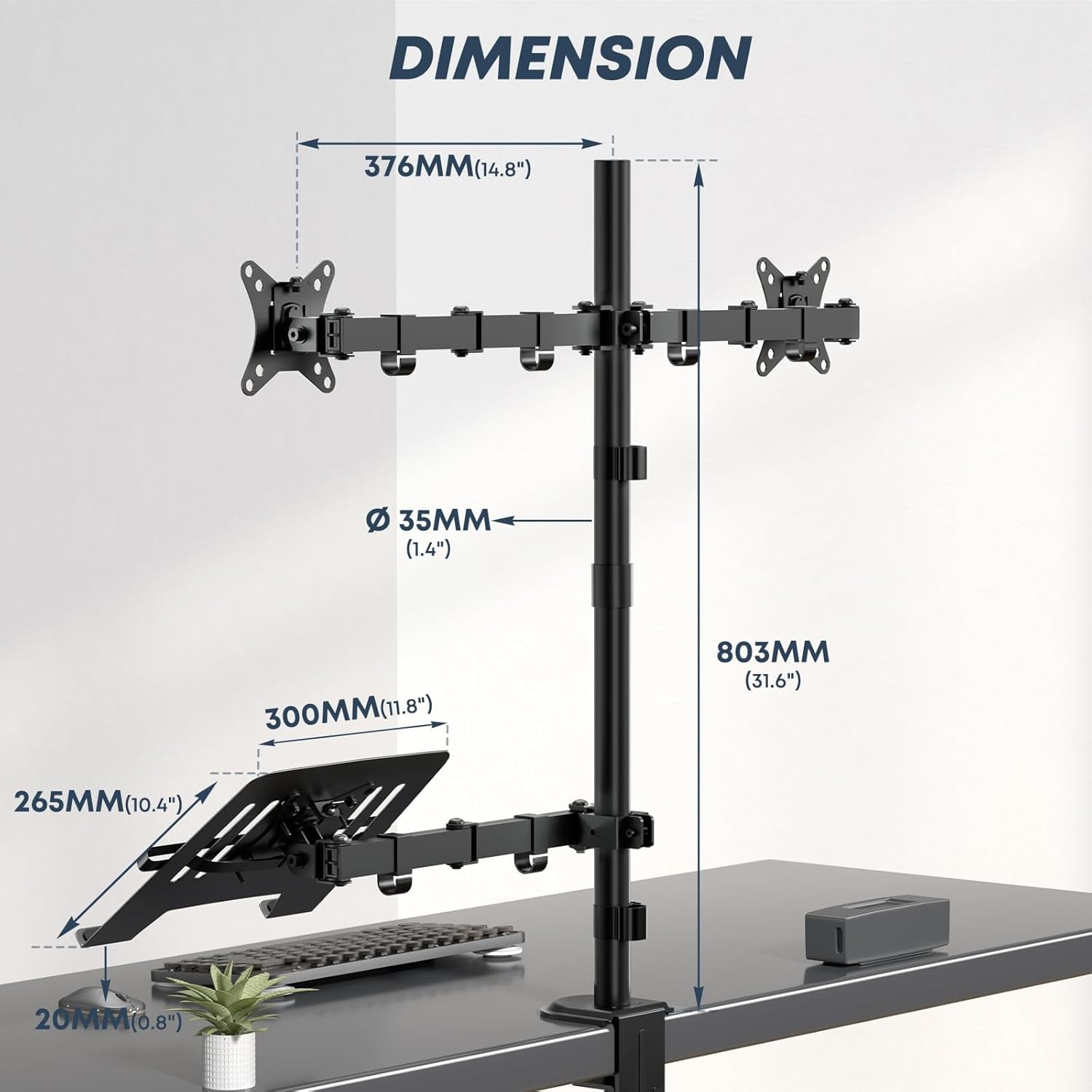 Dual Monitor Stand and Laptop Mount Fit Two 17 to 32 Inch Monitor and 10 to 17 Inch Laptop, Tall Adjustable Stand,19.8 lbs Weight Capacity per Arm,Black