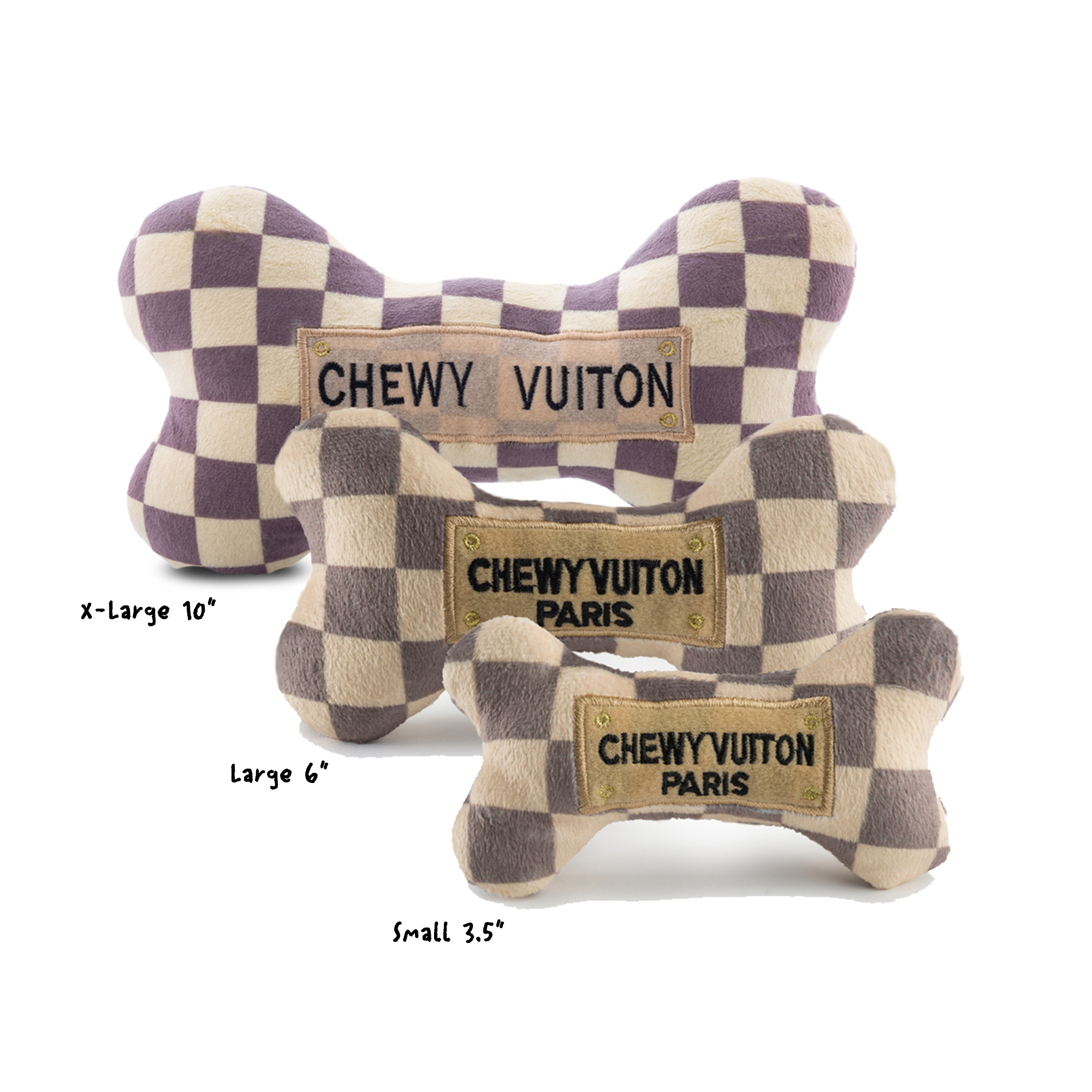 Haute Diggity Dog Chewy Vuiton Bone Plush Squeaky Dog Toy, Soft Durable Designer-Inspired Stuffed Puppy Chew Toys for Small Medium Dogs, Machine-Washable (Tan Checker) Small