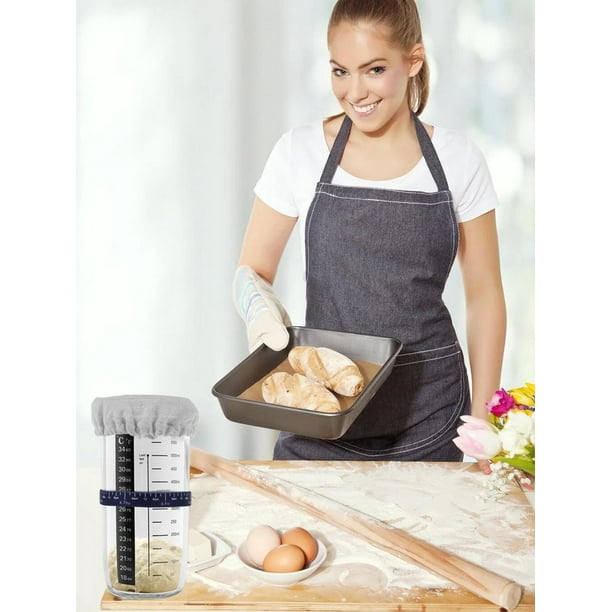 UrbanHomes Sourdough Fermenteur Set, 32OZ, 1000ml Pot Rond En Verre Avec Thermomètre, Bande De Date D'Alimentation, Couvercle En Tissu, Grattoir En Silicone, Fermentation Du Pain