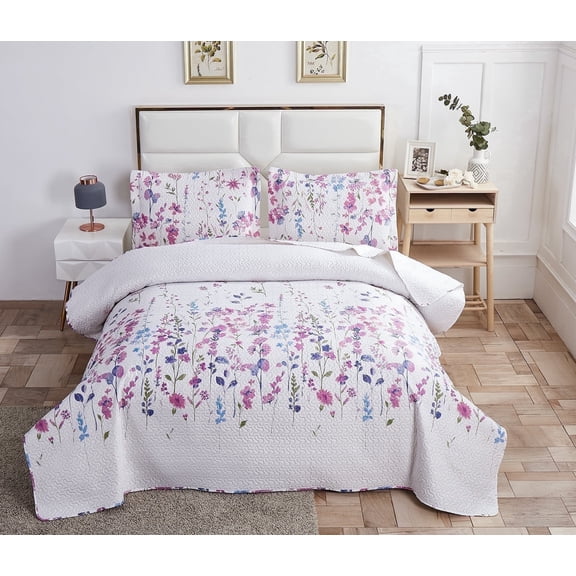 Jessy Home Floral Quilts Queen/Full Purple Lilac Flower Bedding Microfiber Bedspread Set