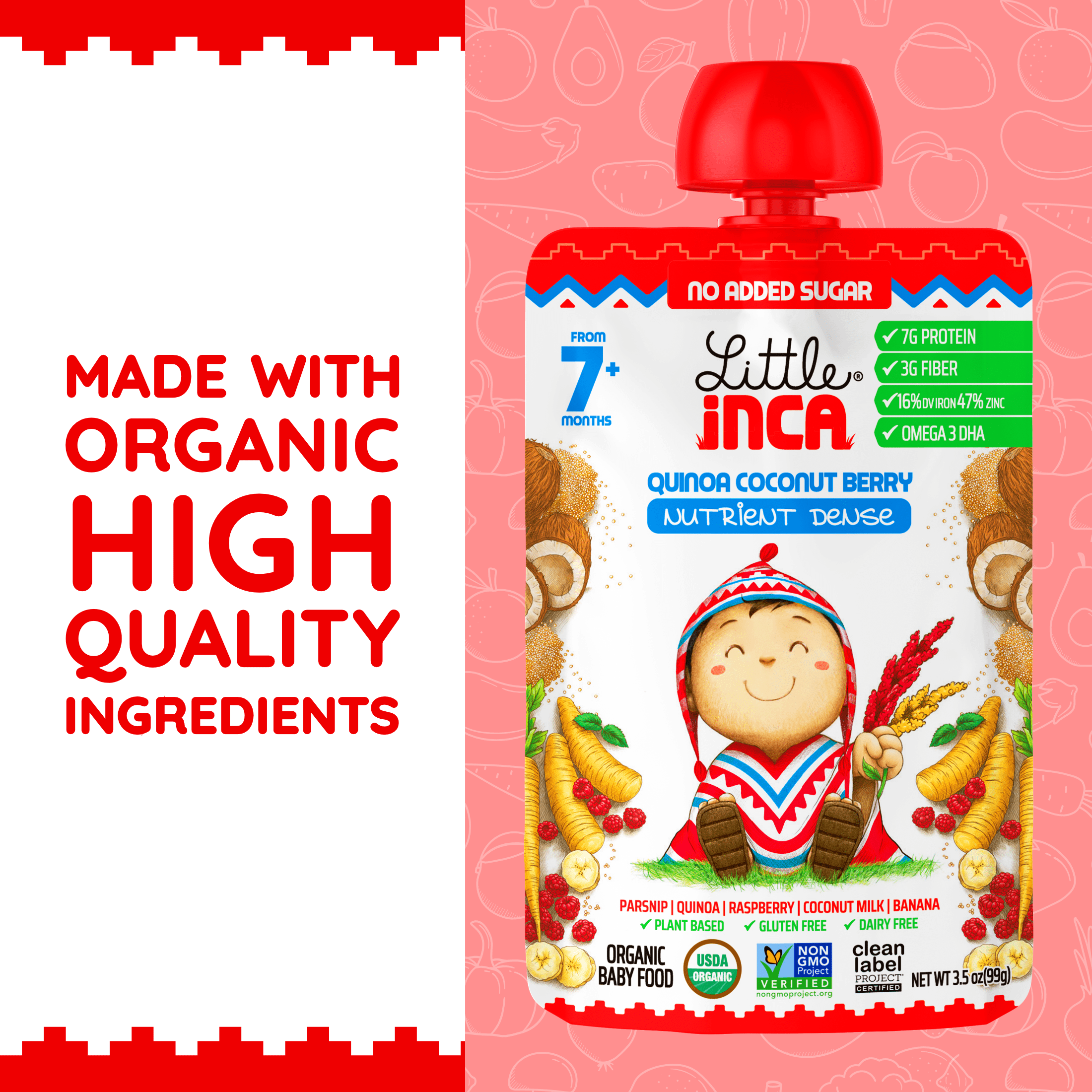 Little Inca Stage 2 Baby Food Pouches, Quinoa Coconut Berry Baby Puree, Plant Based High Protein, Dairy-Free, 6 x 3.5oz