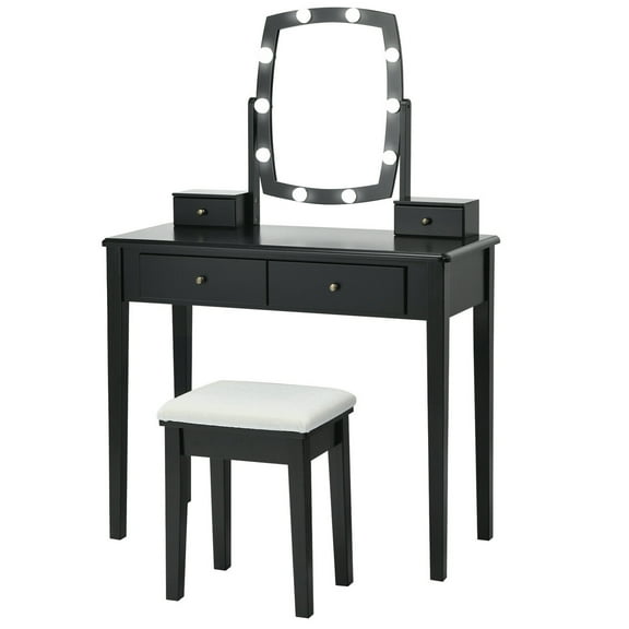 Gymax Vanity Table Set with Lighted Mirror Adjustable 10 Bulbs Dresser 4 Drawer Black