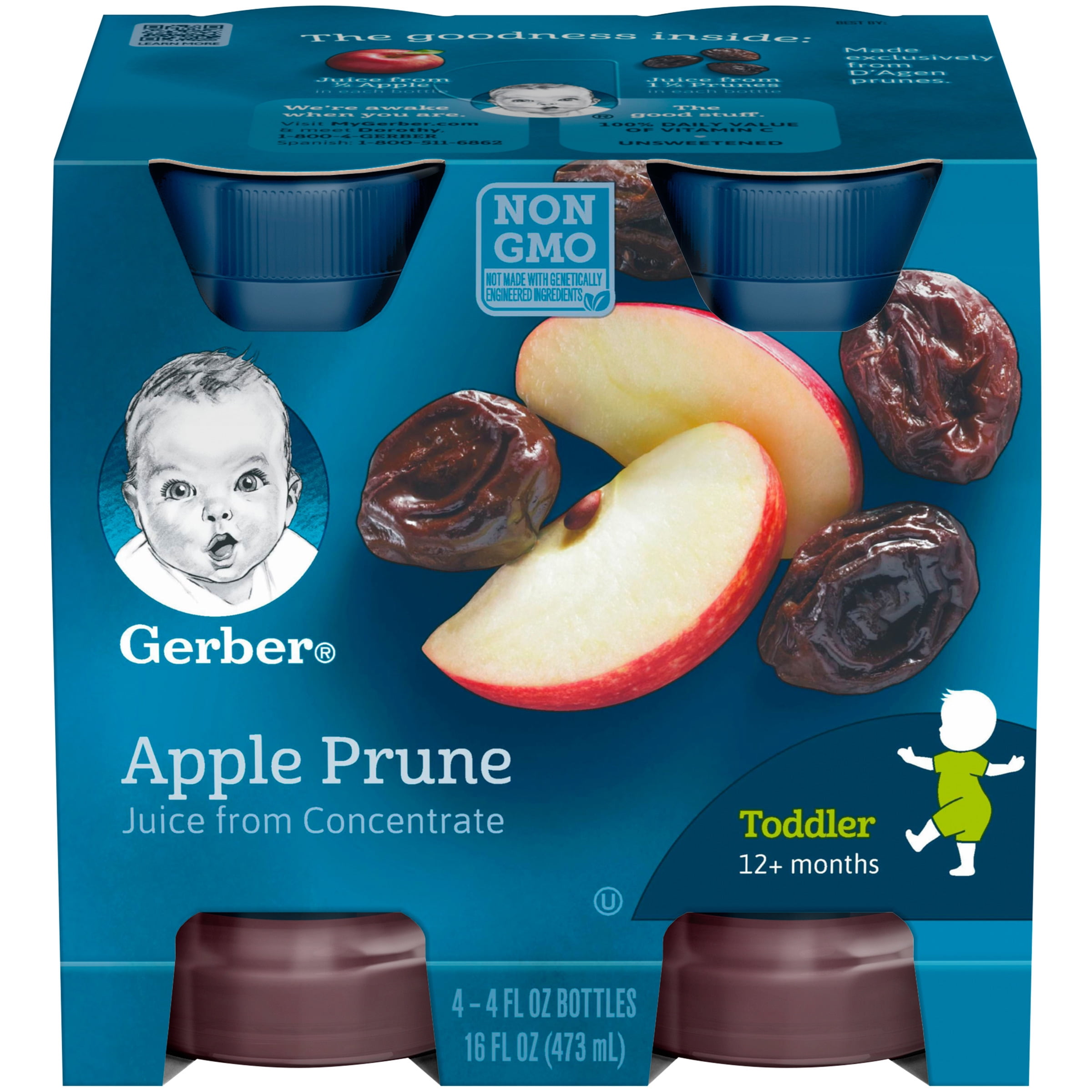 Gerber 100% Fruit Juice Toddler Juice Apple Prune, 4 fl oz, Bottle, 4