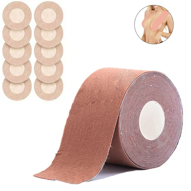 Sujetador adhesivo push up para pechos grandes, sujetador con cinta adhesiva, sin espalda y sin tirantes (juego de 11 piezas, 1 rollo de cinta adhesiva, 10 pegatinas para pezones) sin aros