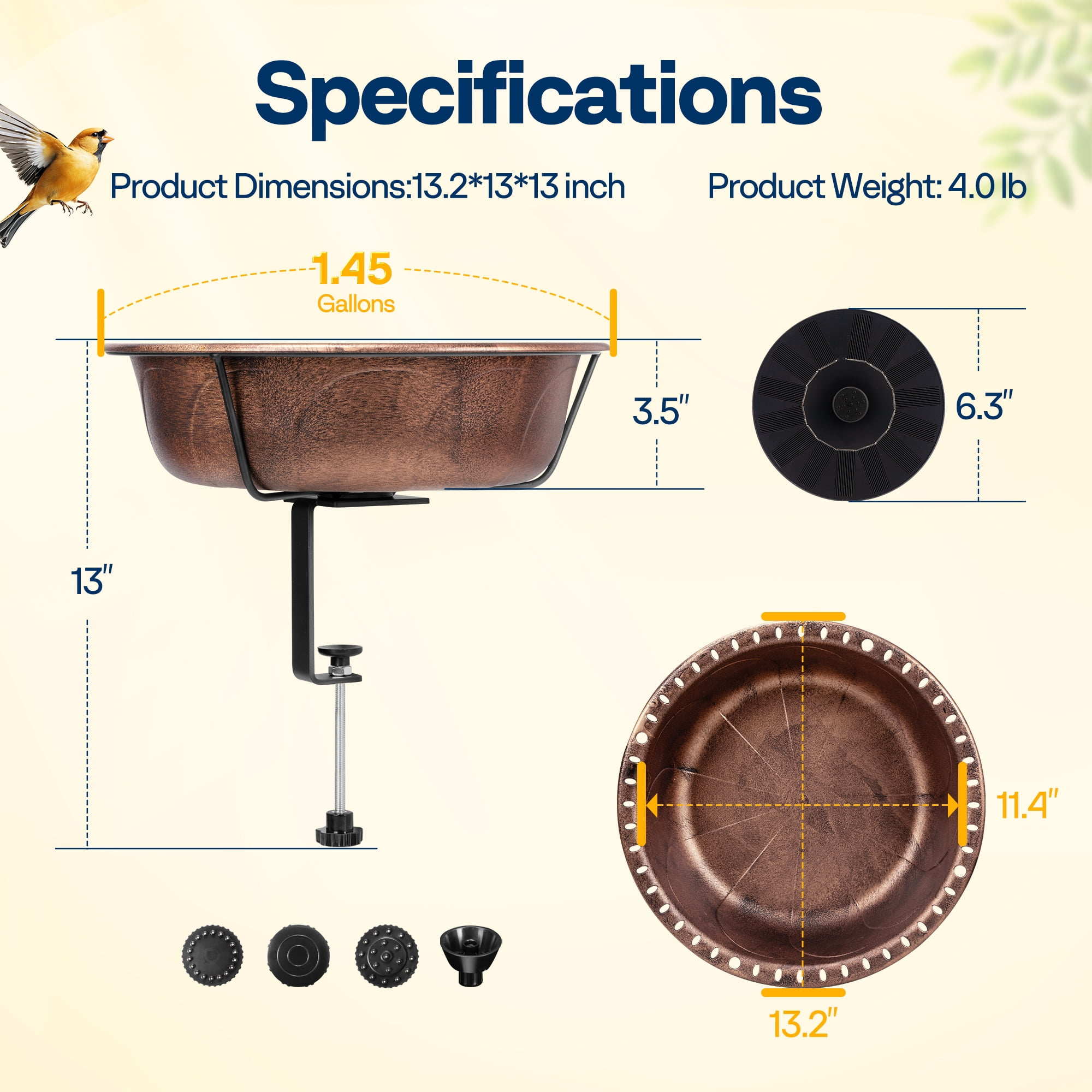 SPECSTAR Deck Mounted Bird Bath with Solar Fountain, Outdoor ABS Birdbath Bowl with Adjustable Metal Clamp, Solar Powered Pump for Railing, Fence, Balcony, 1.45 Gallons, Bronze
