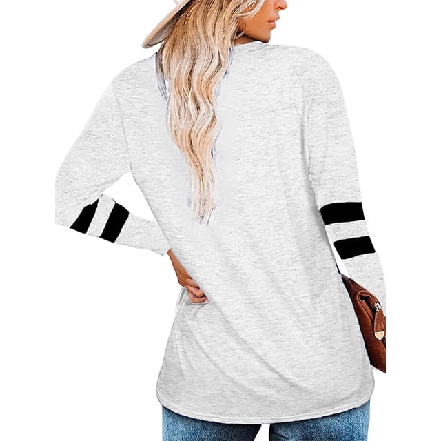 Qarigey Camiseta de mujer a rayas de manga larga básica con cuello en V blusa suelta informal Prendas para la parte del cuerpo Blanco L