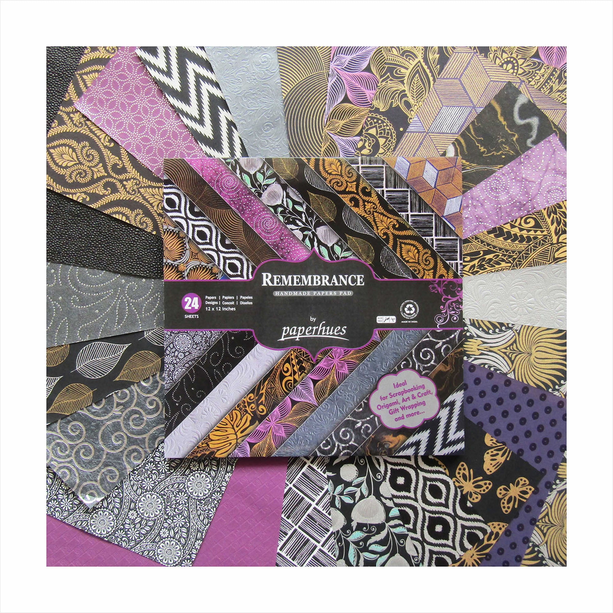 Paperhues Remembrance Handmade Scrapbook Collection Papers 12x12" Pad, 24 Sheets.