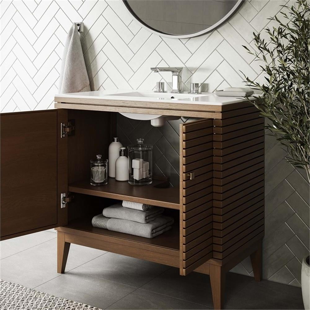 Modway Ledger 36" 2-Door Wood Bathroom Vanity Cabinet in Walnut