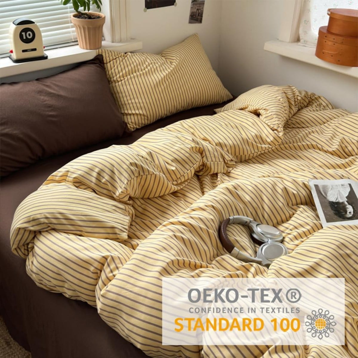 NAYOROOM Brown Stripes Yellow Duvet Cover Queen Set, 3-Piece Retro Vertical Ticking Stripes Soft Comforter Cover