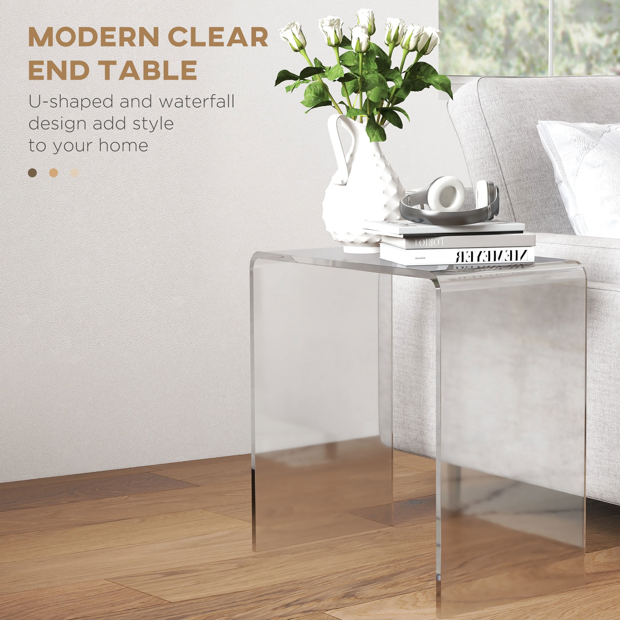 HOMCOM Clear Acrylic Side Table Waterfall End Table with Rounded Edges