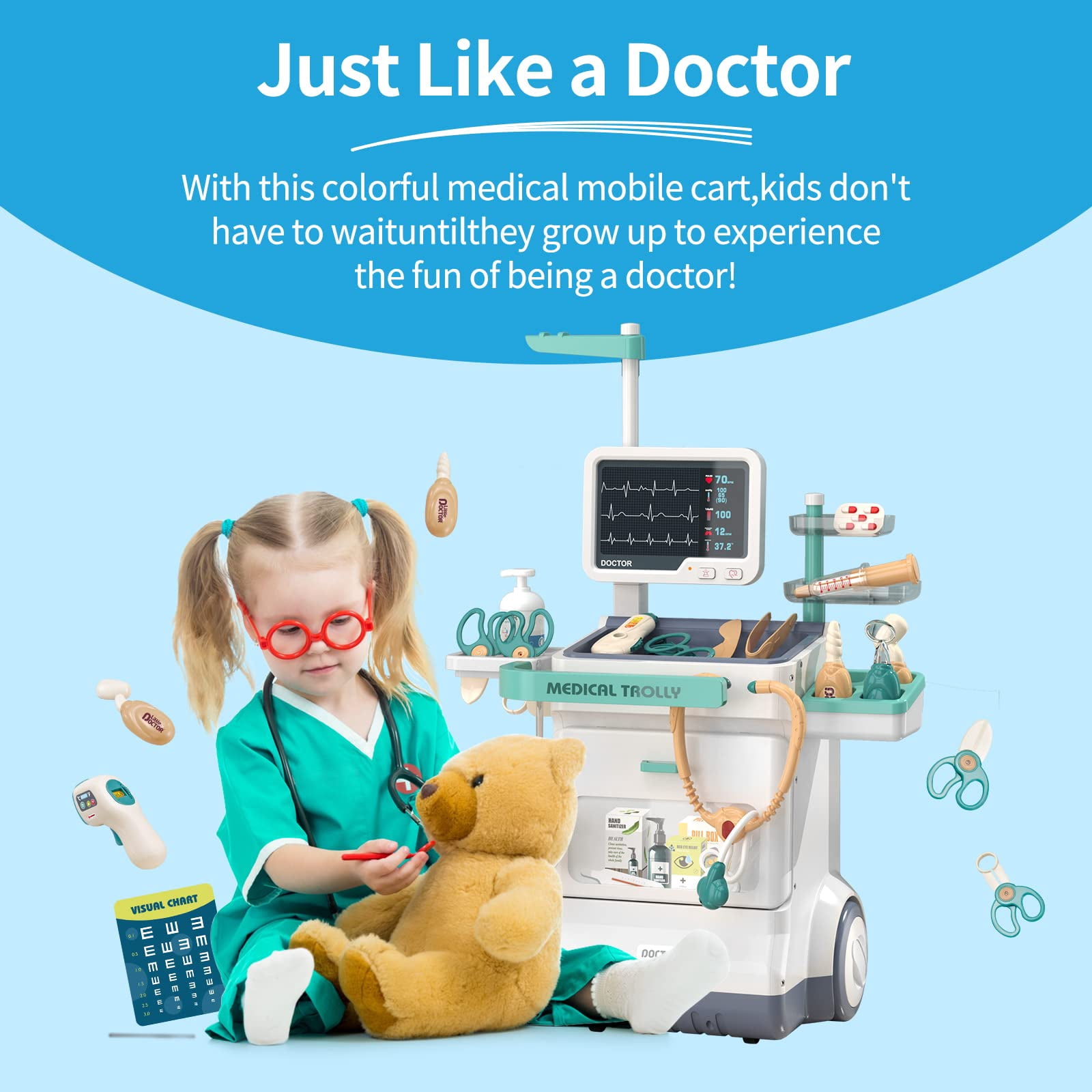 Coffret Jeu Médical Pour Enfants - 32 Pièces Avec Chariot Son Et Lumière, Stéthoscope, Thermomètre - Jouet Docteur/dentiste - 7