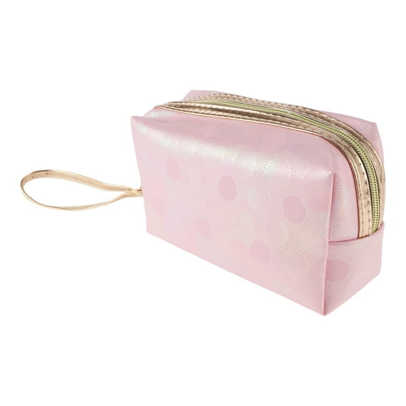 1 Pc Women Portable Solid Color Dots Makeup Bag for Travel Vacation Camping Pink PU