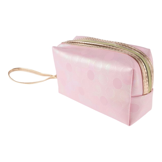 1 Pc Bolsa de Maquillaje Portátil de Color Sólido con Puntos para Viajes, Vacaciones y Camping Rosa PU