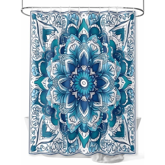 Fsddascl Teal Blue Floral Boho Shower Curtain Set - Standard 72" x 72" Washable Bathtub Curtain with 12 Hooks, Abstract Tribal Ethnic Flowers Waterproof Fabric Stall Shower Curtains for Bathroom