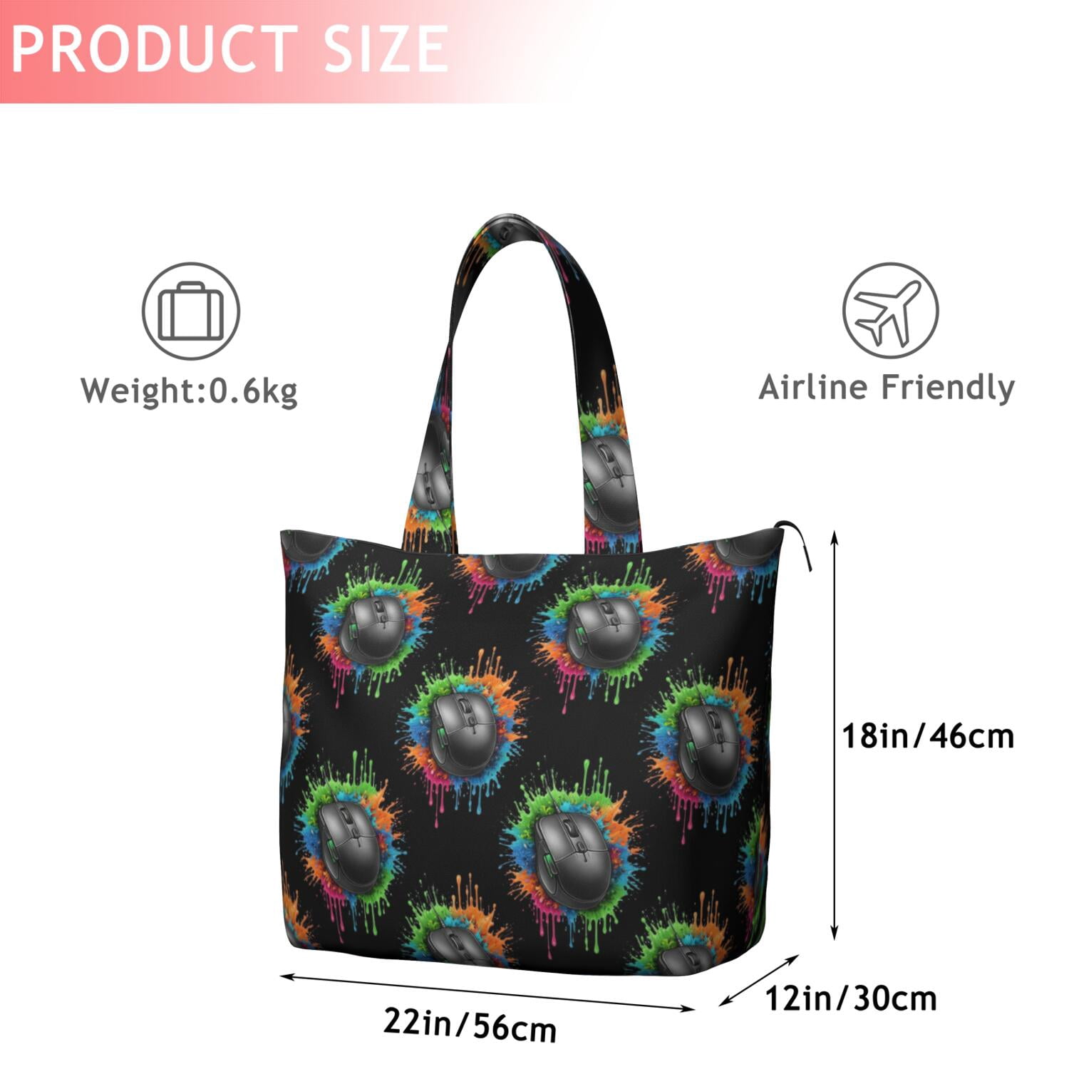 Colorful Mouse Games Black Pattern Travel Tote Bags for Women Carry On,Large Weekender Bags for Women Travel,Multi Functional Duffle Bag for Work,Shopping,Sports