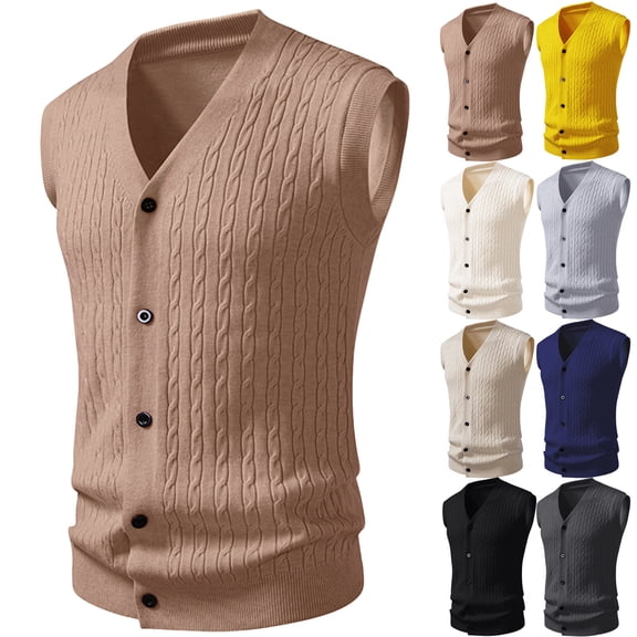 Sweater Vest Men Sleeveless V-Neck Casual Cable Knit Button Down Cardigan Men's Lightweight Cable Knit Sweater Vest Yellow 3XL