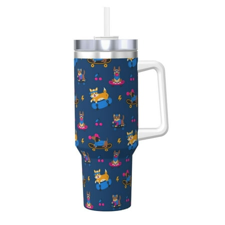 

Gaeub Dogs Riding Skateboard Print Stainless Steel Hot/Cold Coffee Cup 40oz Ice Bully Cup With Handle And Straw Travel Coffee Cup