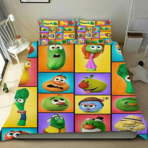 Veggie Tales in the house Comforter Set for Kids Teens Girls Boys,3Pcs Bedding Set Printed Comforter with 2 Pillowcases,Down Alternative,Soft and Lightweight Twin Size