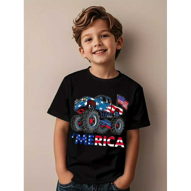 Youngsters Boys' Patriotic Monster Truck Graphic T-Shirt - USA Flag & "America" Text, July 4th Independence Day Celebration, Soft Stretch Fabric, Machine Washable Casual Playwear, Allse
