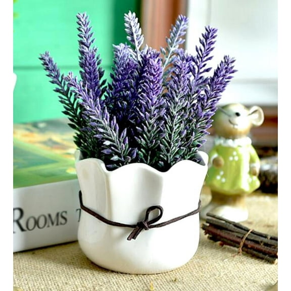 K-Cliffs Artificial Lavender 7.5" Potted Home Decor Purple Flowers in White Ceramic Pot
