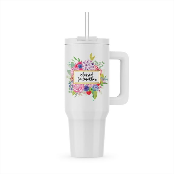 Floral Blessed Godmother Cursive Text Pretty Watercolor Pink Flowers, 30oz Tumbler