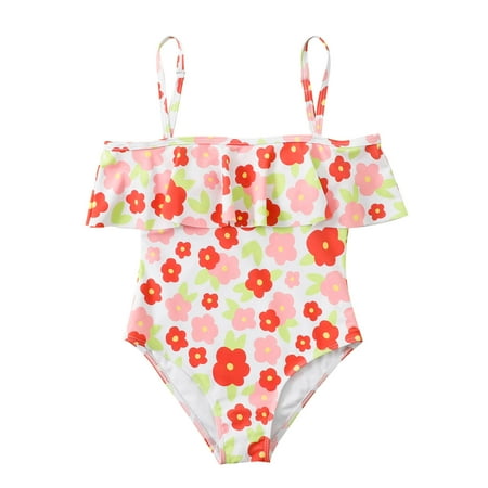 

CaComMARK PI Girl Swimsuit One Piece Clearance Baby Gifts Athletic Bathing Suit Summer Cute Beach Swimsuit Jumpsuit Shoulder Ruffle Swimwear 8-14 Years Cheapest Items on Sale Pink 8-9T