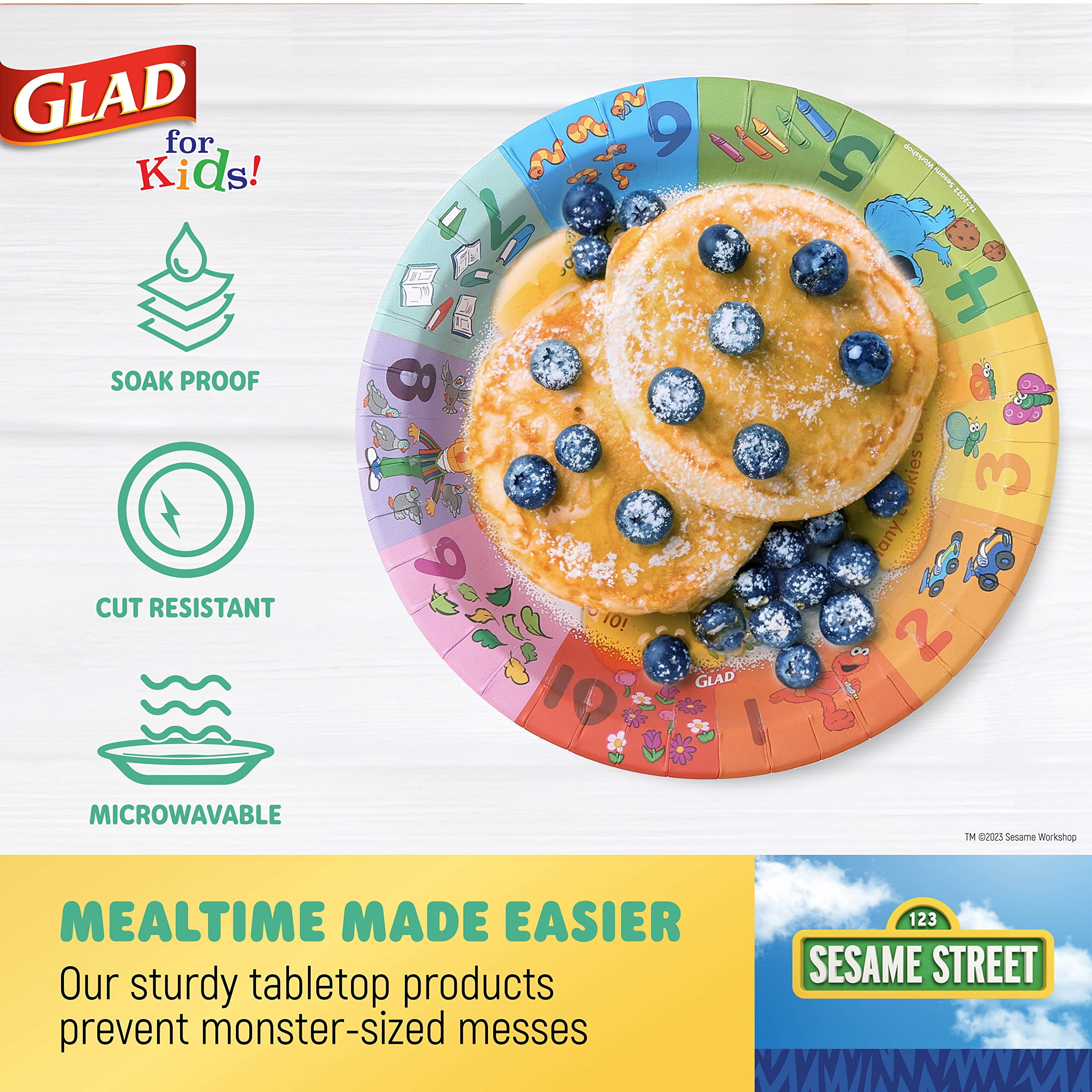 Glad for Kids Sesame Street Paper Plates Preschool Curriculum Style with Lessons & Questions, 8.5 Round, 48ct | Sesame Street Paper Plates, Kids Disposable Plates | Elmo Paper Plates
