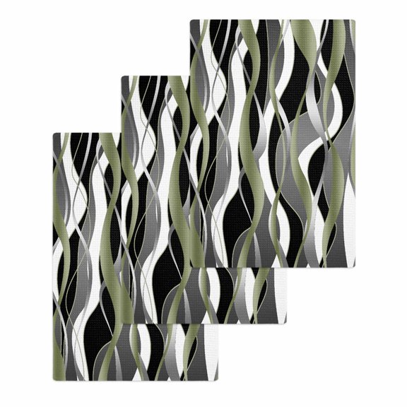 Sage Green Stripe Kitchen Dish Towels for Drying Dishes Set of 3, Grey White Geometric Modern Abstract Waffle Weave Microfiber Hand Tea Bathroom Towels Quick Dry & Absorbent Towel 15.7x23.6