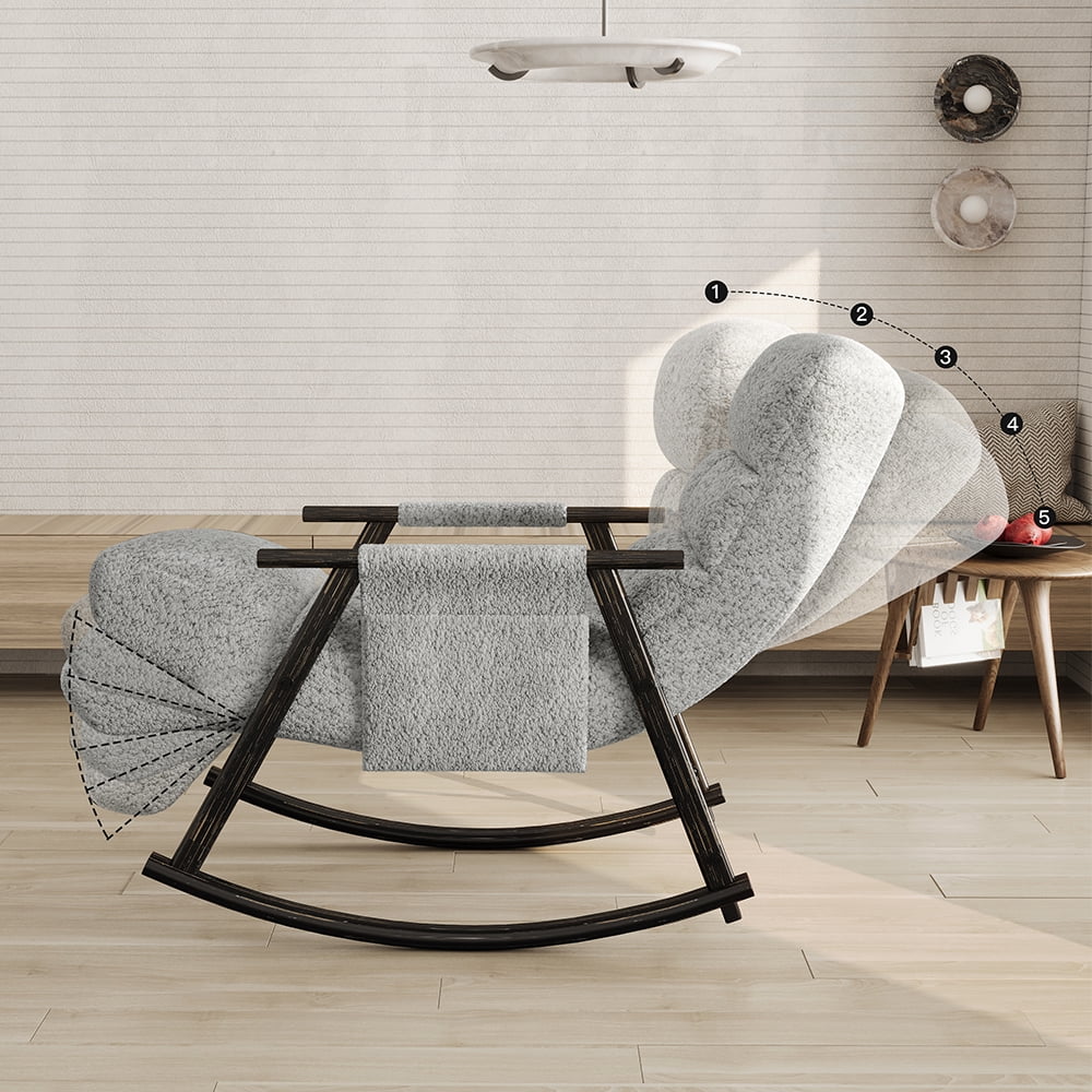 Accent Folding Rocking Recliner Chair with Side Pocket, Upholstered Nursery Glider Chair with 5 Adjustable High Back for Living Room Bedroom Balcony, Grey