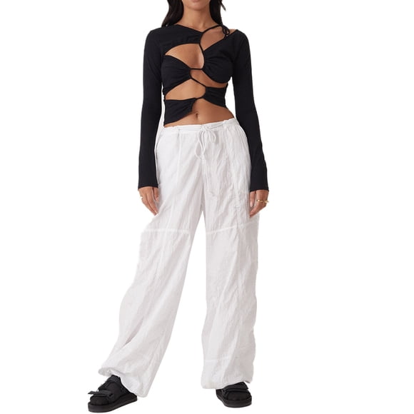 SAYOO Pantalones largos de pierna ancha para mujer, pantalones holgados de cintura baja con cordón de color sólido, parte inferior informal de estilo simple SAYOO Moda