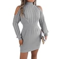 thumbnail image 2 of Women's Sweater Dress Knit Dress Off Shoulder Mock Neck Cable Knit Puff Sleeve Bodycon Winter Dress for Casual Party,Gray,L, 2 of 9