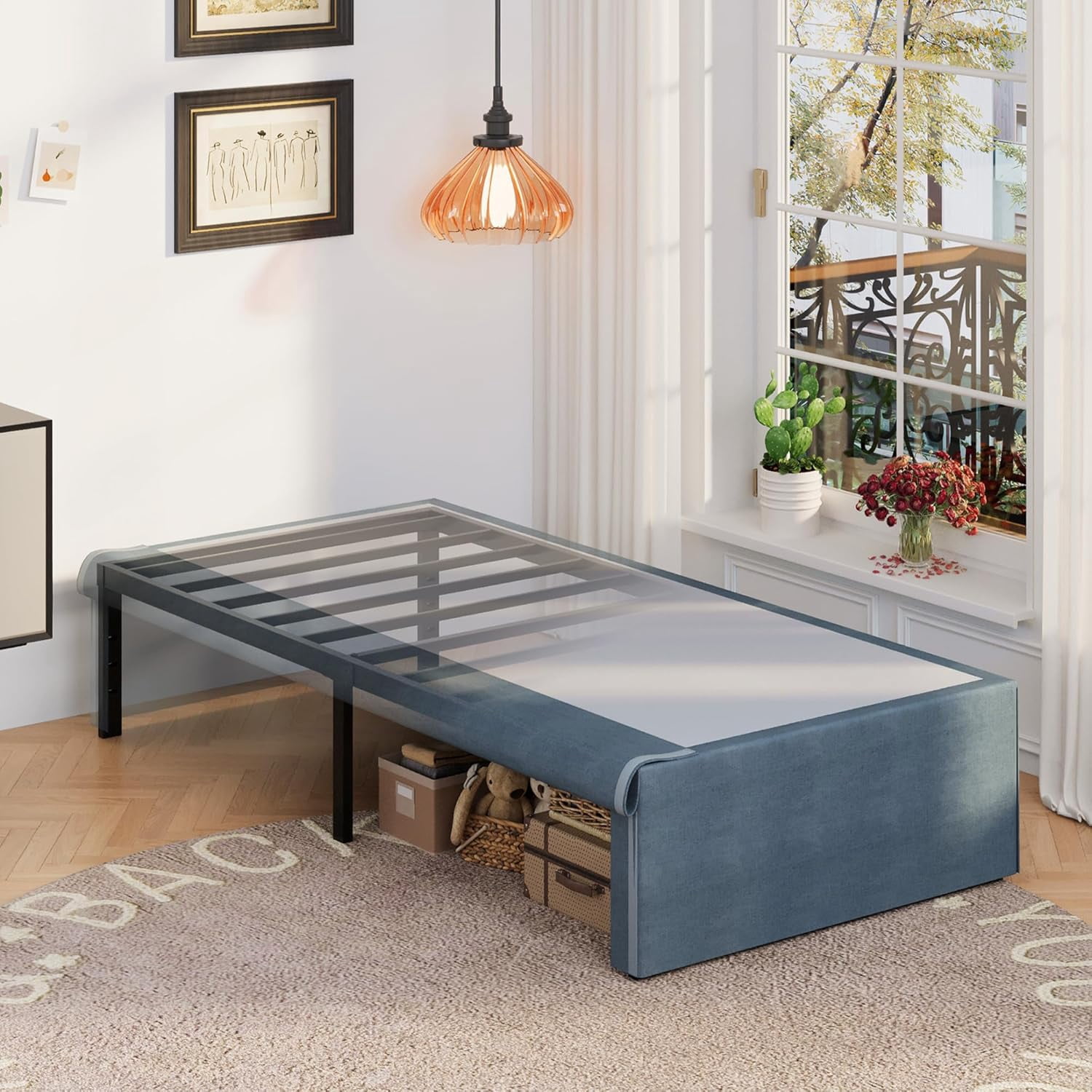 Lutown-Teen 16 inch Twin Metal Platform Bed Frame with Fabric Cover, No Box Spring Needed, Easy to Install, Black
