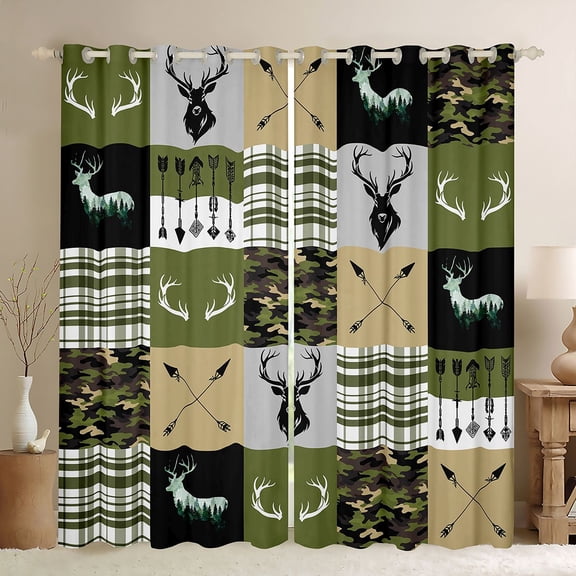 Homewish Rustic Camoflage Black Out Curtains, Hunting Wildlife Deer Curtains Pack of 2 (42x63 Each), Green Buffalo Patchwork Bedroom Curtains, Black Out Curtains Bedroom Decor