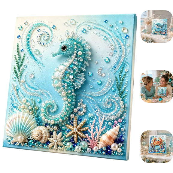 Ocean Theme Pearl Art DIY Kit, Sea Creature Diamond Bead Painting Canvas Craft, Stretched Square Canvas Board, Underwater Animal Art Decor for Bedroom Living Room Indoor Display 1pc D