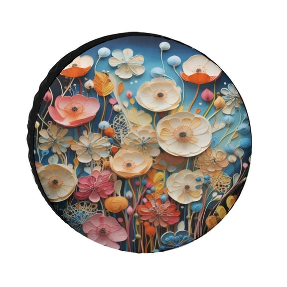Heavy Duty Spare Tire Cover 12inch Abstract Art Flowers Style of Whimsical Doodles Weatherproof Wheel Protectors Colorful Bright Spring Natural Universal for Trailer SUV Truck Camper Travel