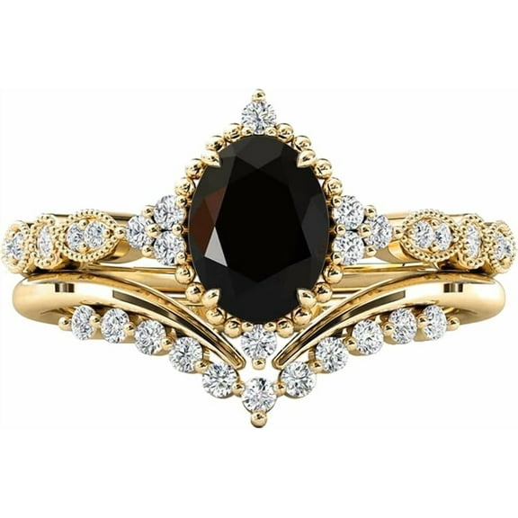 Gems Jewels 925 Sterling Silver 2.00 Ct Oval Cut Black & White Diamond Wedding Valentine's Anniversary Christmas Bridal Ring Set 14K Yellow Gold Plated For Women's -6