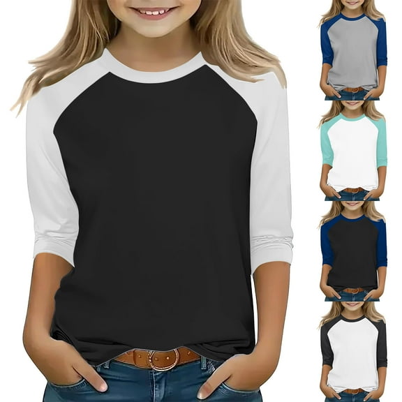 Frnrwgo Girls Tee Size 3T-14 Crewneck Raglan 3/4 Sleeve Shirts Clothes Cute Pullovers Tops Black
