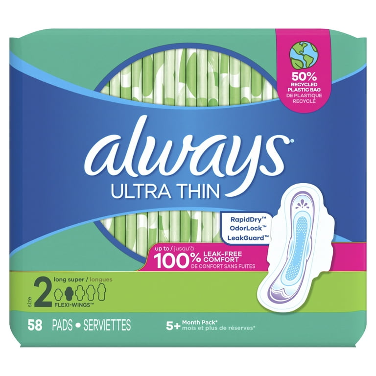 Always Ultra Thin Pads with Wings, Size 2, Long Super Absorbency, 58 CT 