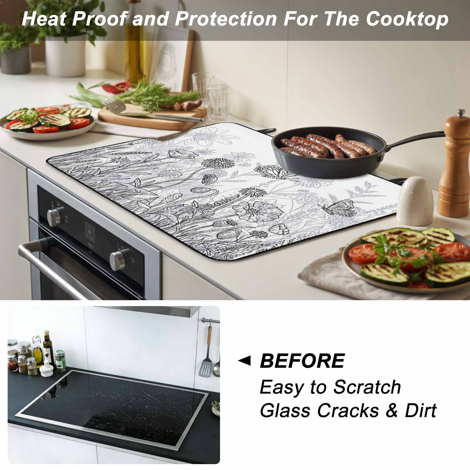 Grey Wildflowers Stove Top Cover for Electric Stove, Heat-proof & Non Slip Glass Top Stove Cover Protector, Modern Spring Floral Butterfly Plant Kitchen Flat Cooktop Rubber Mat 24x21 Inches