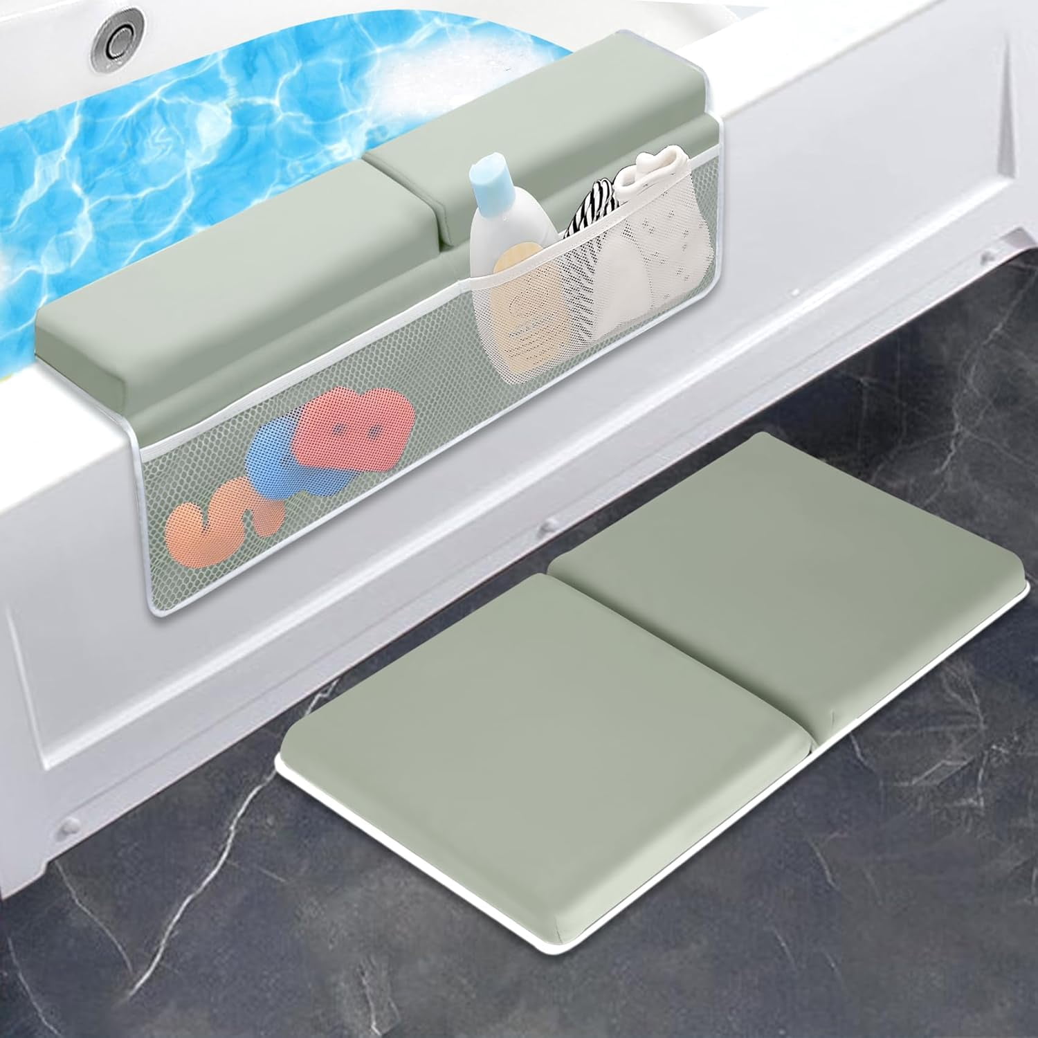 Bath Kneeler with Elbow Rest Pad Set, 1.5 inch Kneeling Pad Mat for Bathtub Baby Bathing Parents, Painless Foam Mat with Toy Organizer Pockets, Non-Slip for Baby and Toddler Bathing
