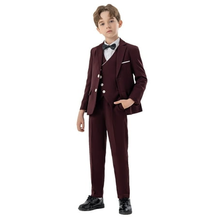 Lovzfmll 5-Piece British Suit Set for Boys Long Sleeve Blazer & Vest & Shirt & Pants & Bow Tie Formal Outfits for Kids 9-10 Years