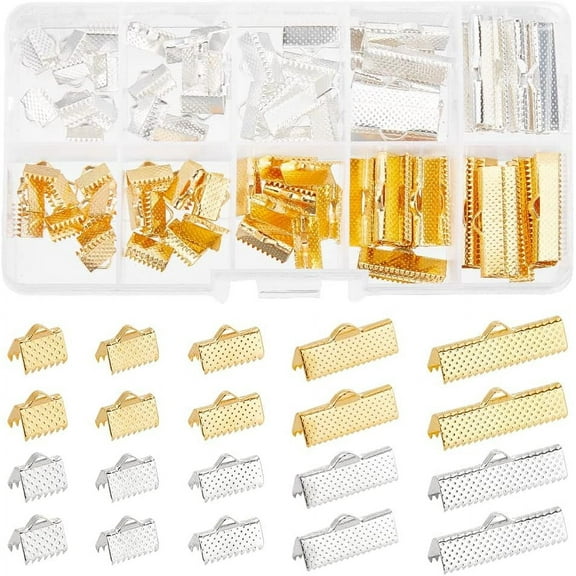 100Pcs Assorted Sizes of Mixed Color Ribbon Clamp End Crimps Bracelet Bookmark Leather Pinch Crimps Sets Size 8-25x6-8x5mm in Box for DIY Jewelry Craft Supplies