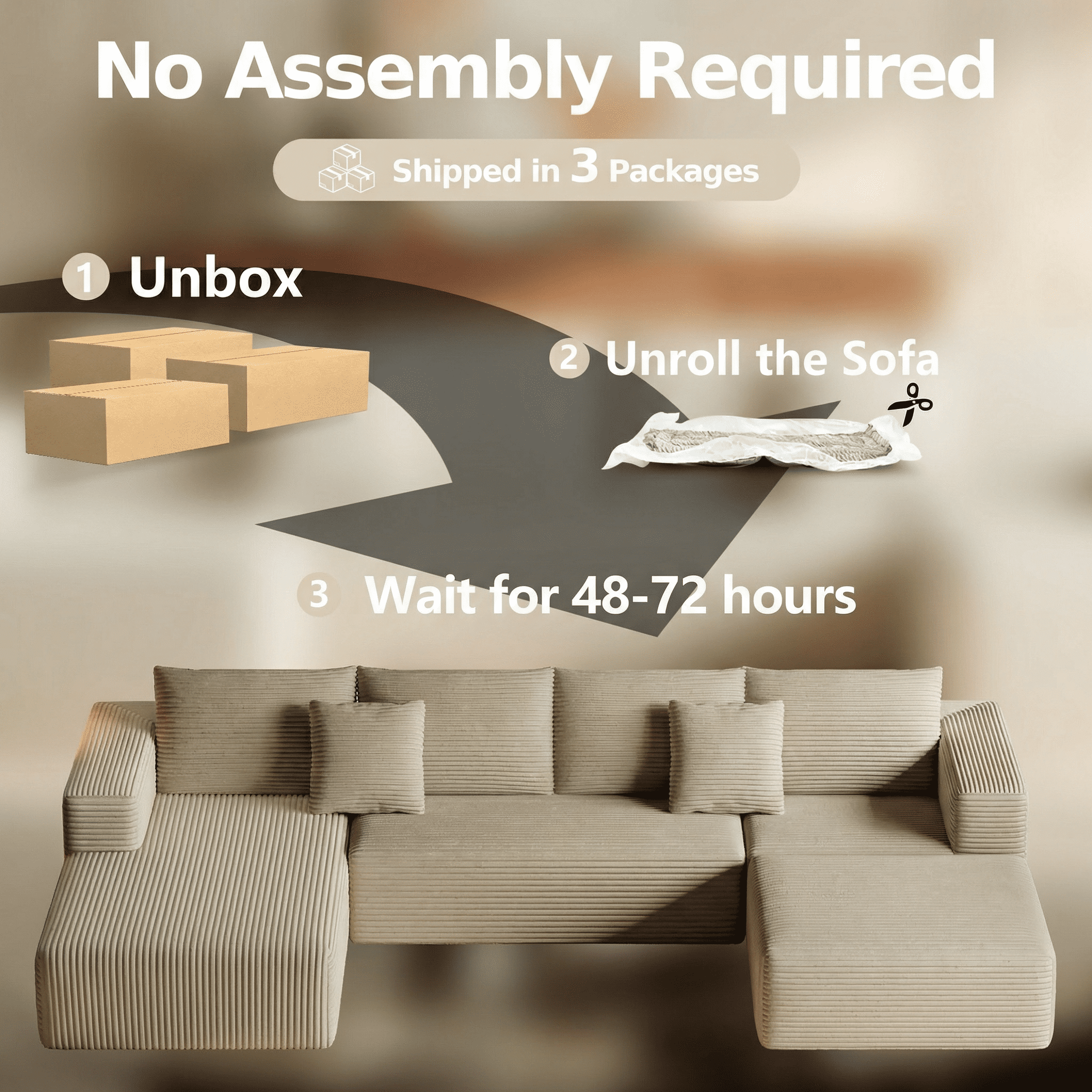 Liaroo 134.7" Sectional Sofa, Boneless Couch, U-Shaped Couches with Chaise No Assembly Required Modular Cloud Sofa for Living Room Apartment Theater Room