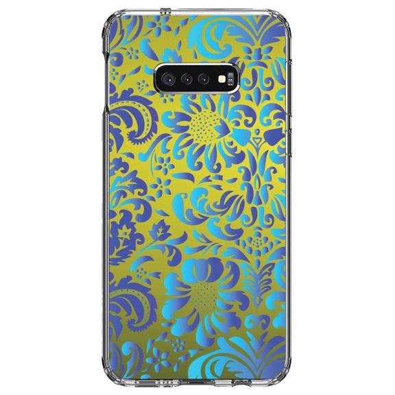 DistinctInk Clear Shockproof Hybrid Case for Samsung Galaxy S10e (5.8" Screen) - TPU Bumper, Acrylic Back, Tempered Glass Screen Protector - Green Blue Teal Floral Pattern