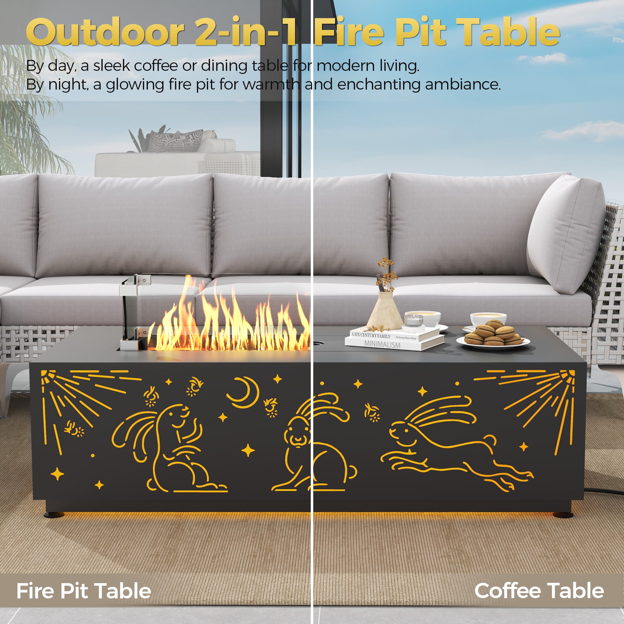 RADIATA 42" Rectangle Fire Pit Table, Dual-Fuel (Propane or Natural Gas), 50000 BTU,LED Rabbit Light, CSA Certified, Dark Gray